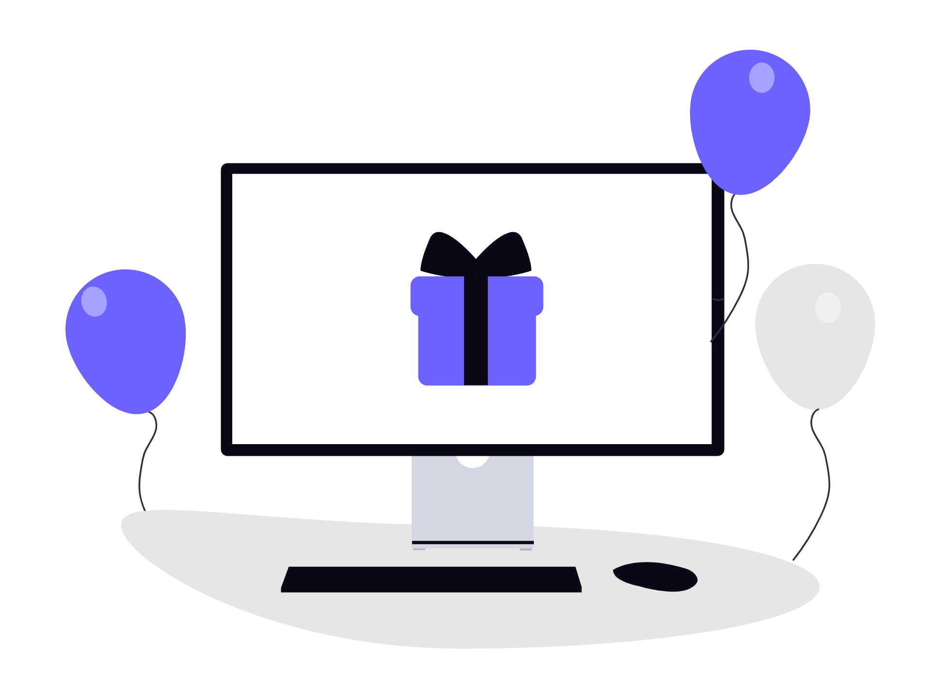 Dibujo esquemático de un escritorio con un ordenador rodeado de globos, y un paquete de regalo en la pantalla