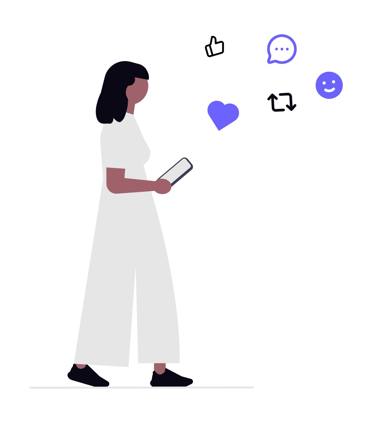 Dibujo esquemático de una mujer de piel oscura consultando un móvil, rodeada de vrios emojis